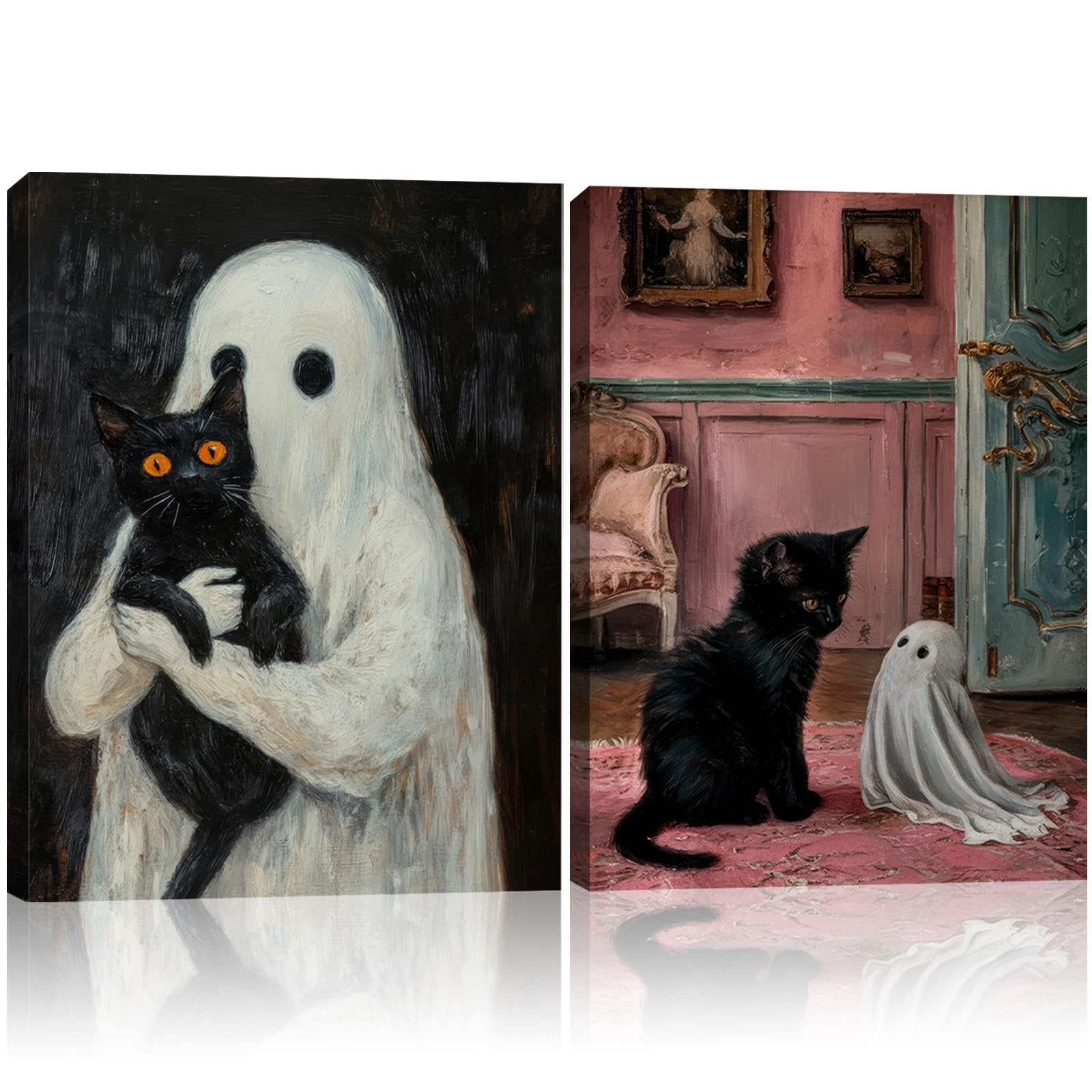 Two framed Halloween canvas prints: one of a ghost holding a black cat, the other of a black cat and a ghost on a pink rug.