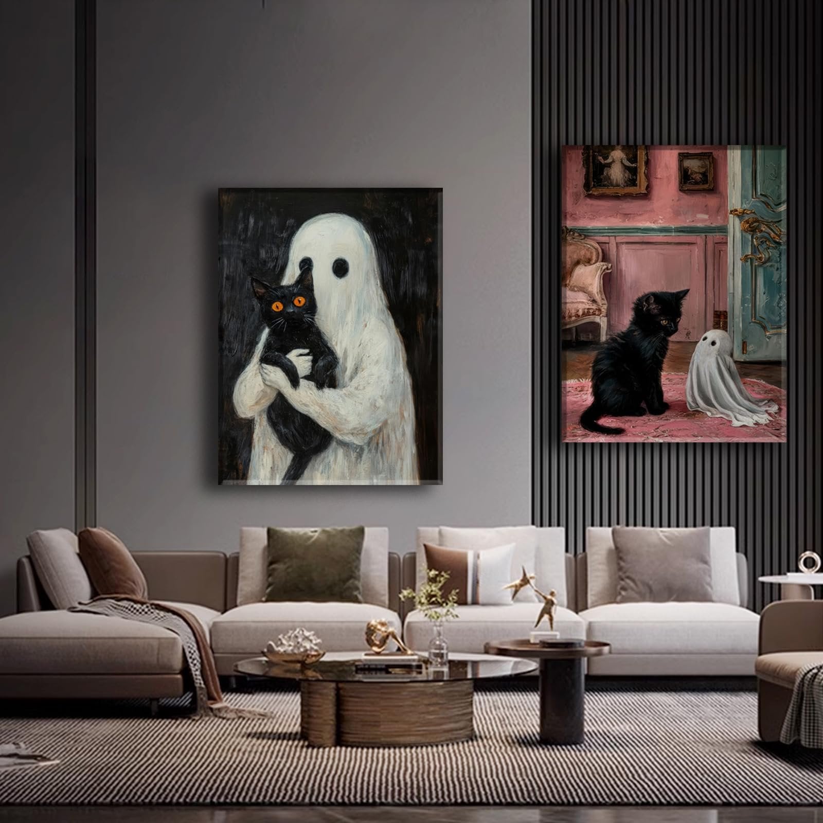 Two framed gothic Halloween canvas art prints of ghosts and black cats displayed in a modern living room setting.