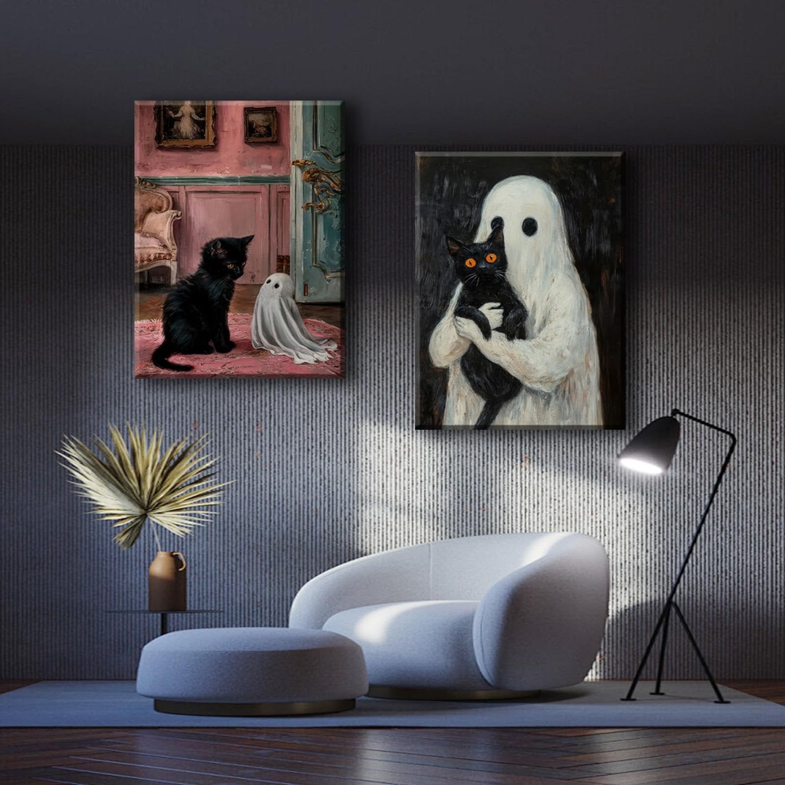 Two framed gothic Halloween canvas art prints of a black cat with a ghost and a ghost holding a black cat, displayed in a modern living room setting.