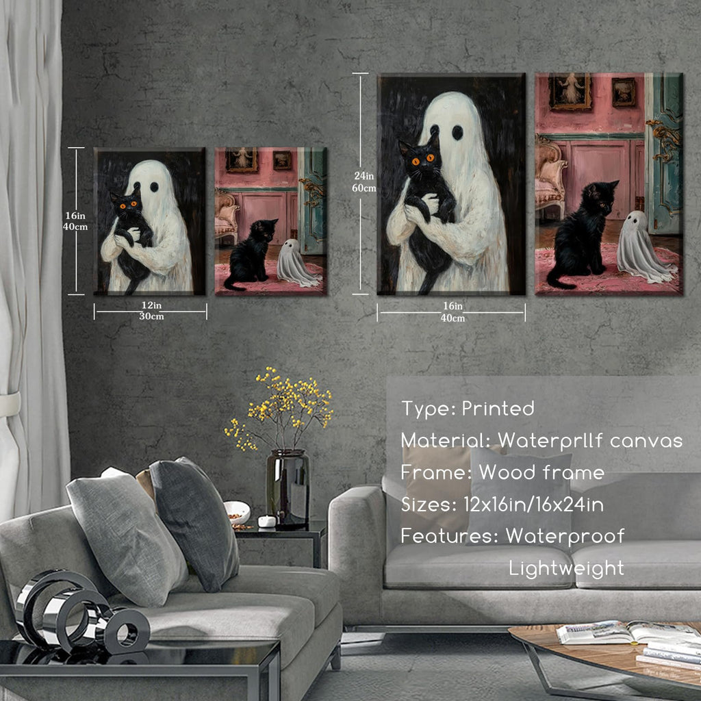 Gothic Halloween wall art prints of a ghost holding a black cat and a black cat with a ghost figure, displayed in a living room setting with size dimensions indicated.