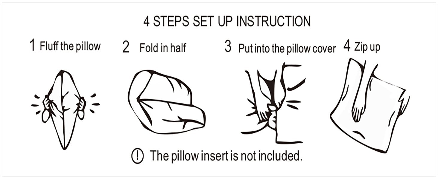 Diagram showing 4 steps to insert a pillow into a cover: fluff, fold, insert, zip. Includes note that insert is not included.