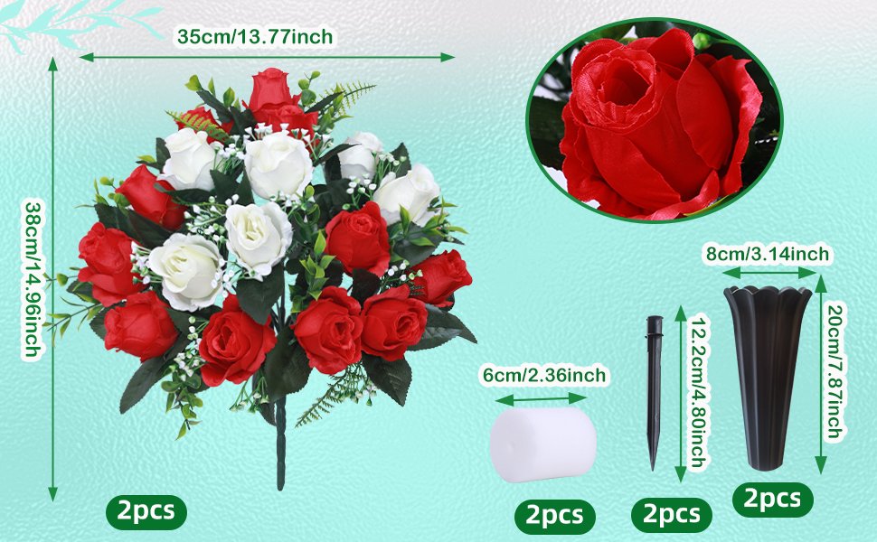Artificial red and white rose bouquets with vases and stakes, showing dimensions and quantities.