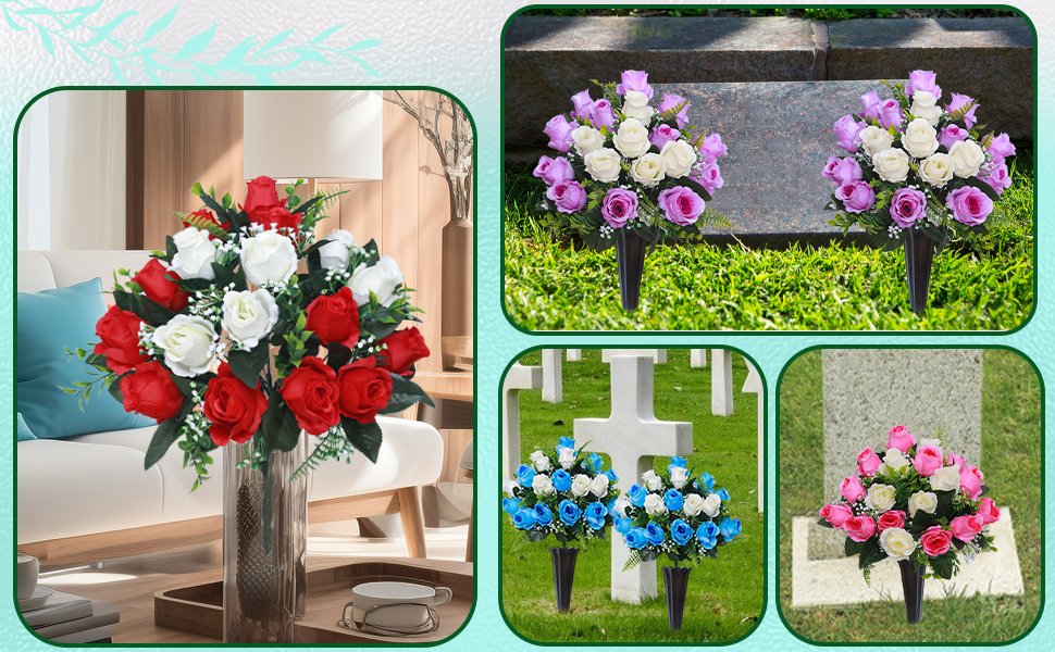 Artificial rose bouquets in vases displayed in various settings, including indoors and outdoors at a cemetery.