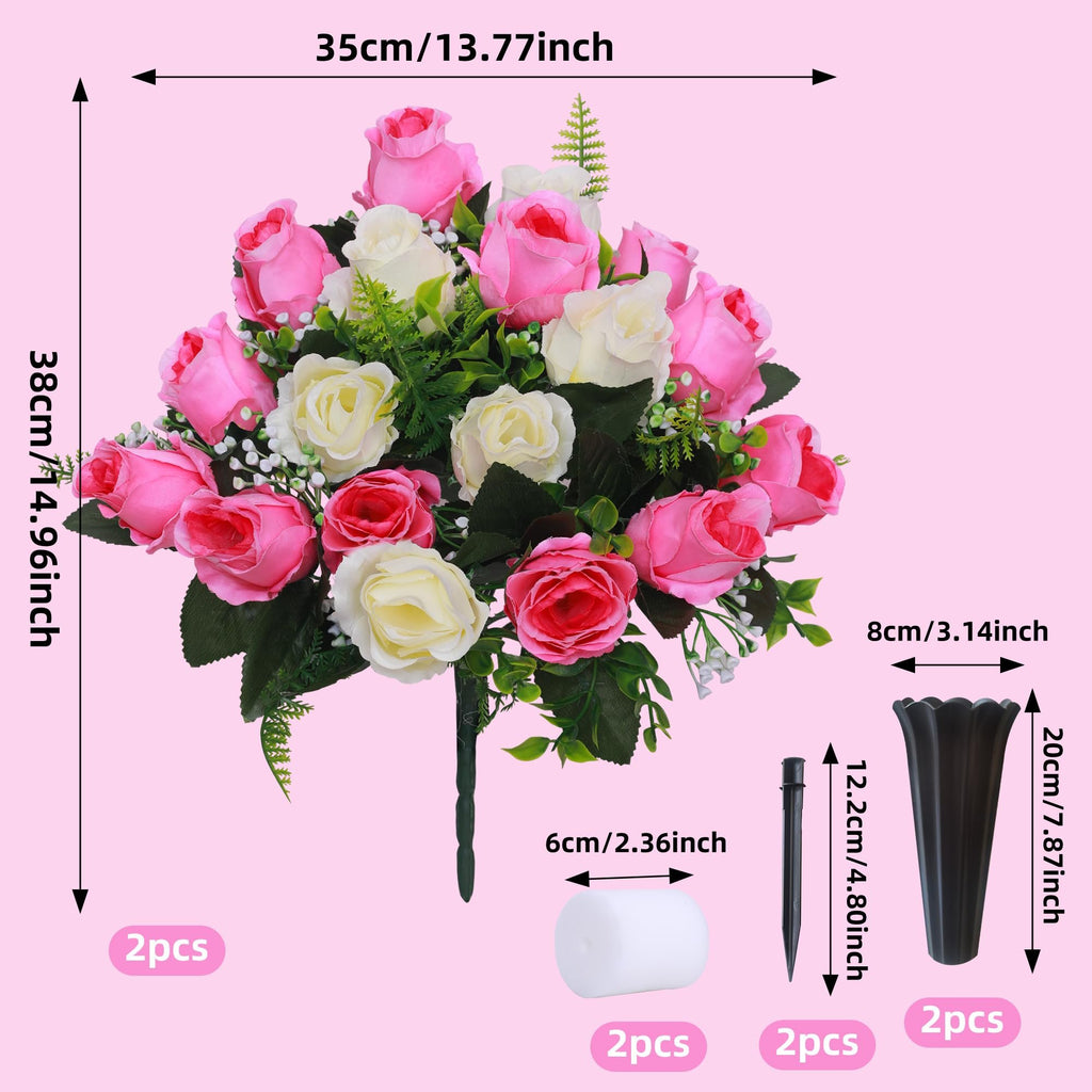 Artificial pink and white rose bouquets with green foliage and decorative accents, shown with vases and stakes for size reference.