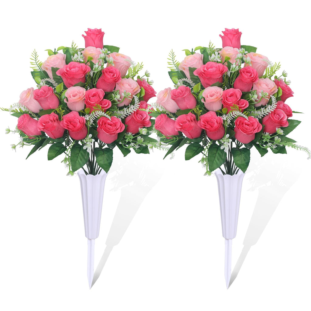 Two pink and red artificial rose bouquets with white vases and stakes, isolated on white.
