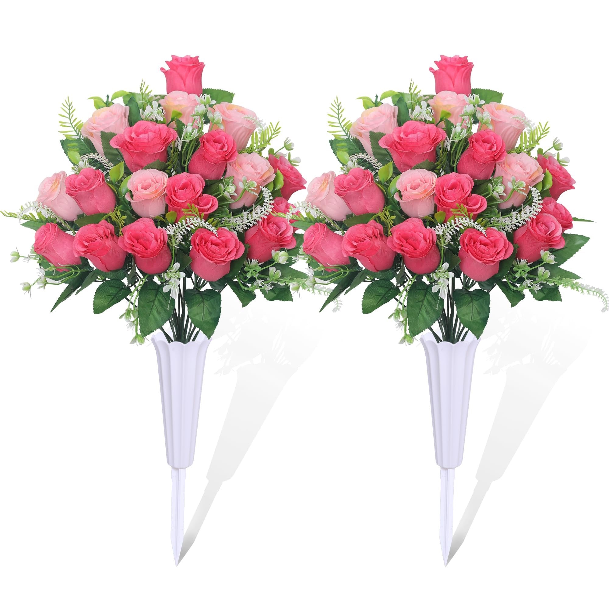 Two pink and red artificial rose bouquets with white vases and stakes, isolated on white.