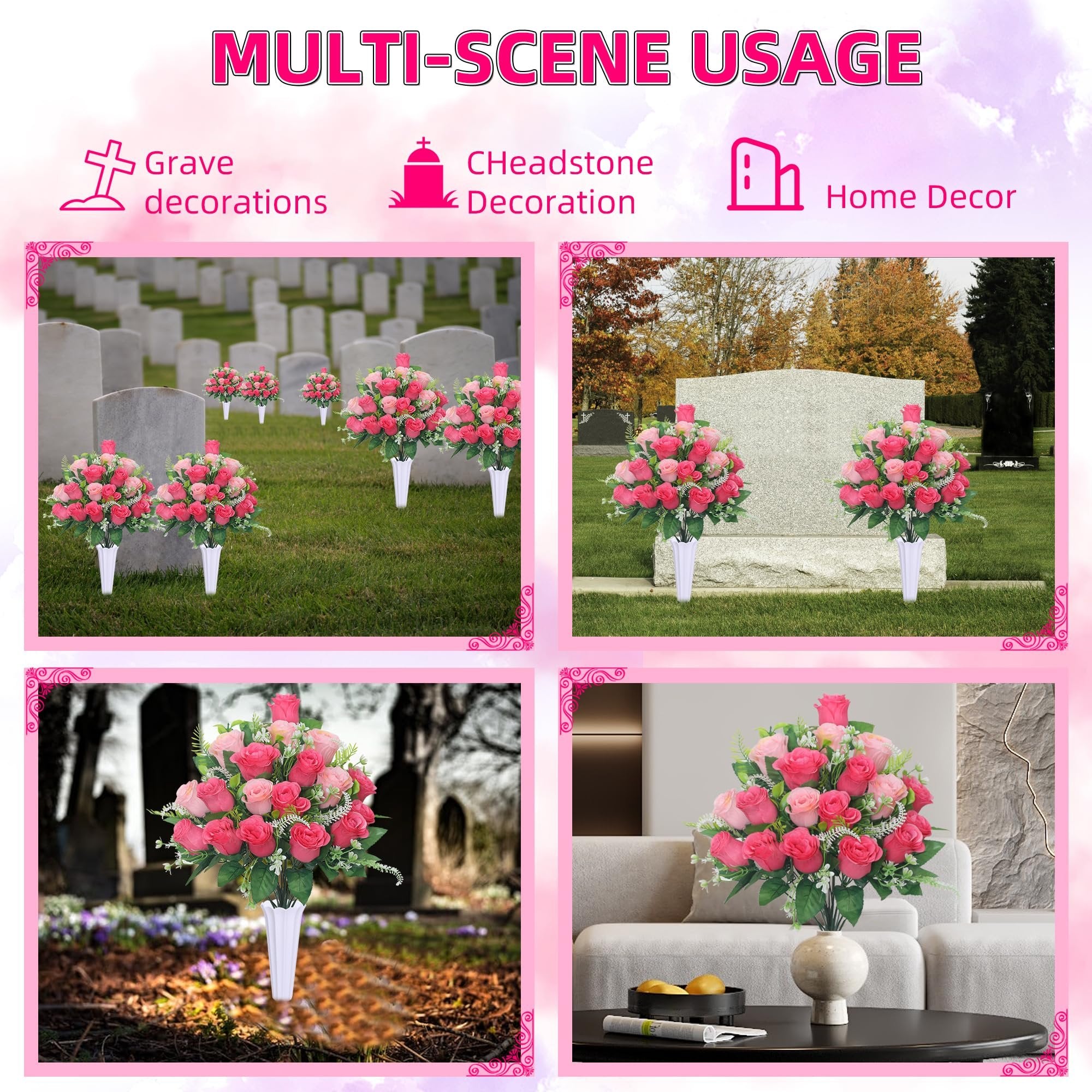 Four scenes showing pink silk rose bouquets in white vases for grave, headstone, and home decor.