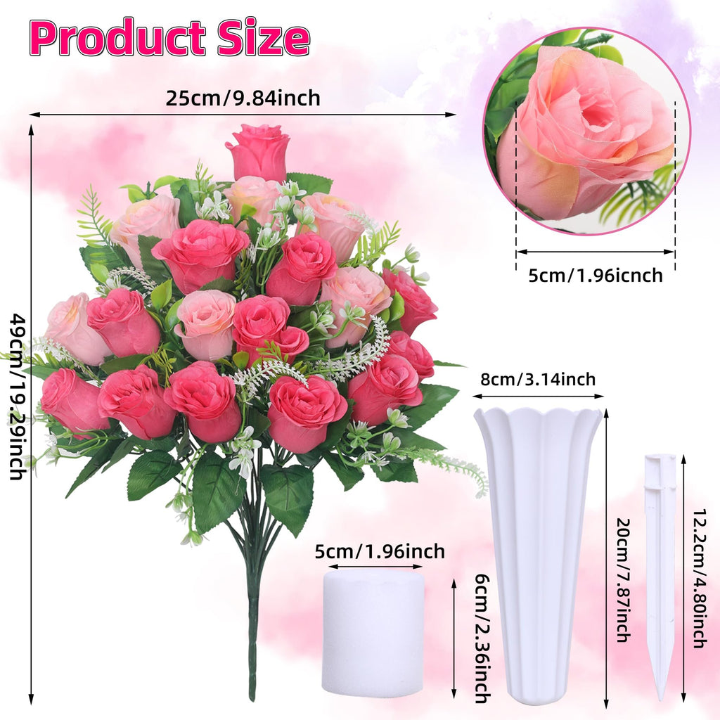 Pink and red artificial rose bouquet with green leaves, shown with dimensions and included vase and stake.