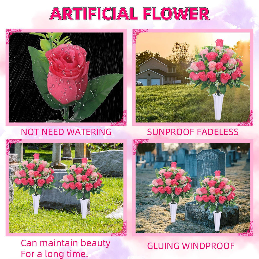 Collage of artificial pink and red rose bouquets in white vases, showing them in rain, sun, and cemetery settings.