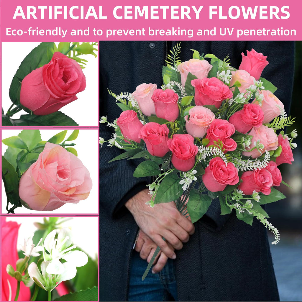Collage of pink artificial cemetery flowers, one bouquet held by hands, and close-ups of individual roses and white accents.
