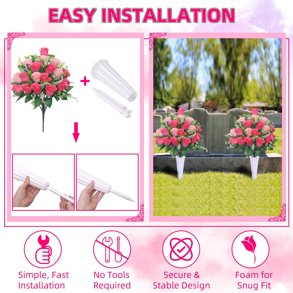 Two pink and red artificial rose bouquets in white vases placed at a cemetery gravesite, with installation instructions shown.