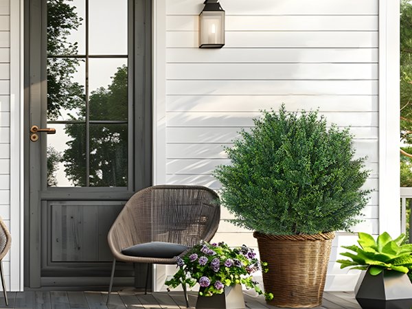 Artificial cypress topiary tree in a woven planter on a porch next to a chair and other plants.
