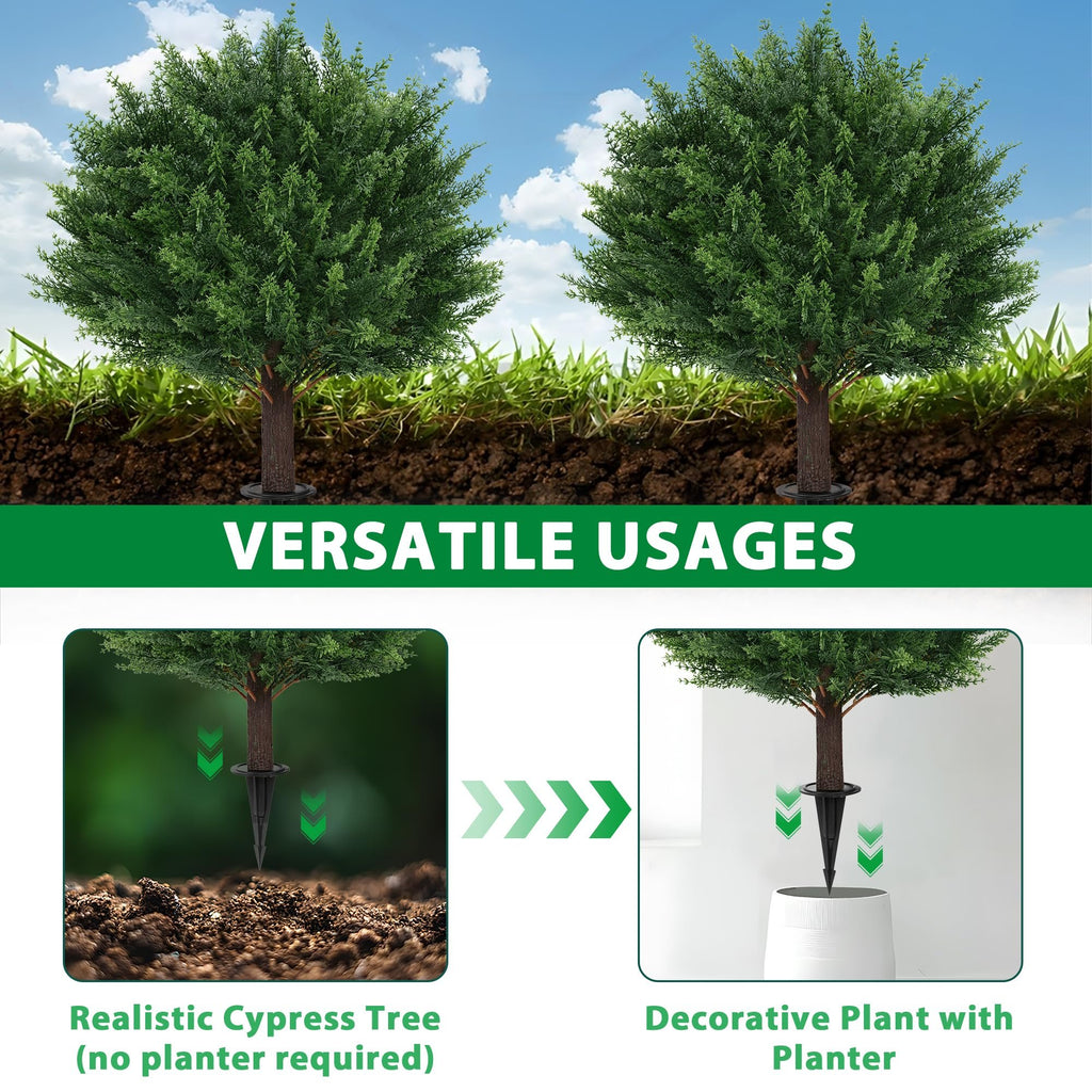 Two artificial cypress trees with ground spikes shown in different settings, one in soil and one in a planter.