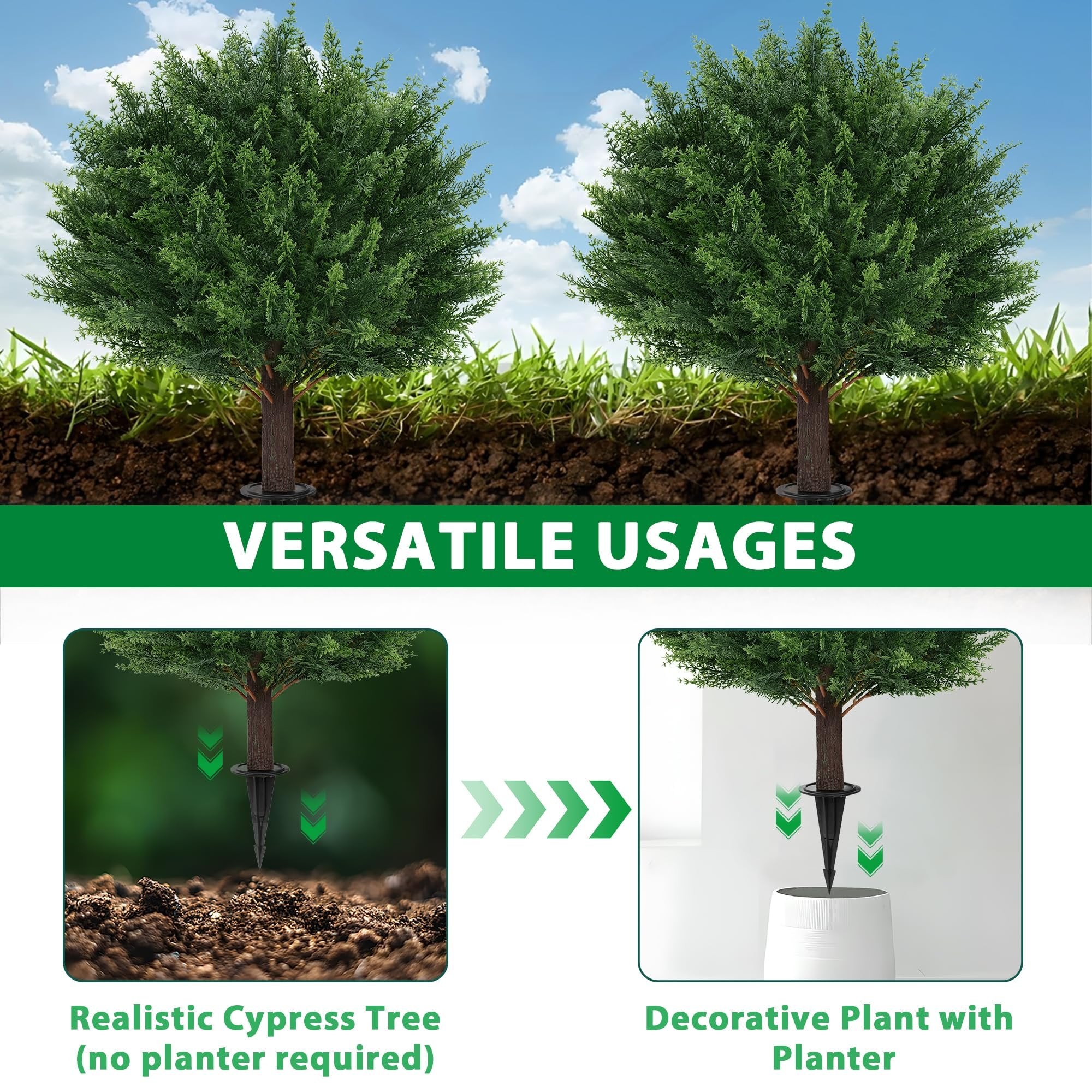 Two artificial cypress trees with ground spikes shown in different settings, one in soil and one in a planter.