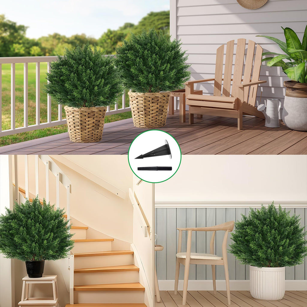 Two artificial cypress topiary trees in woven planters on a deck, with a chair and watering can. Another tree is shown indoors by stairs and another by a chair.