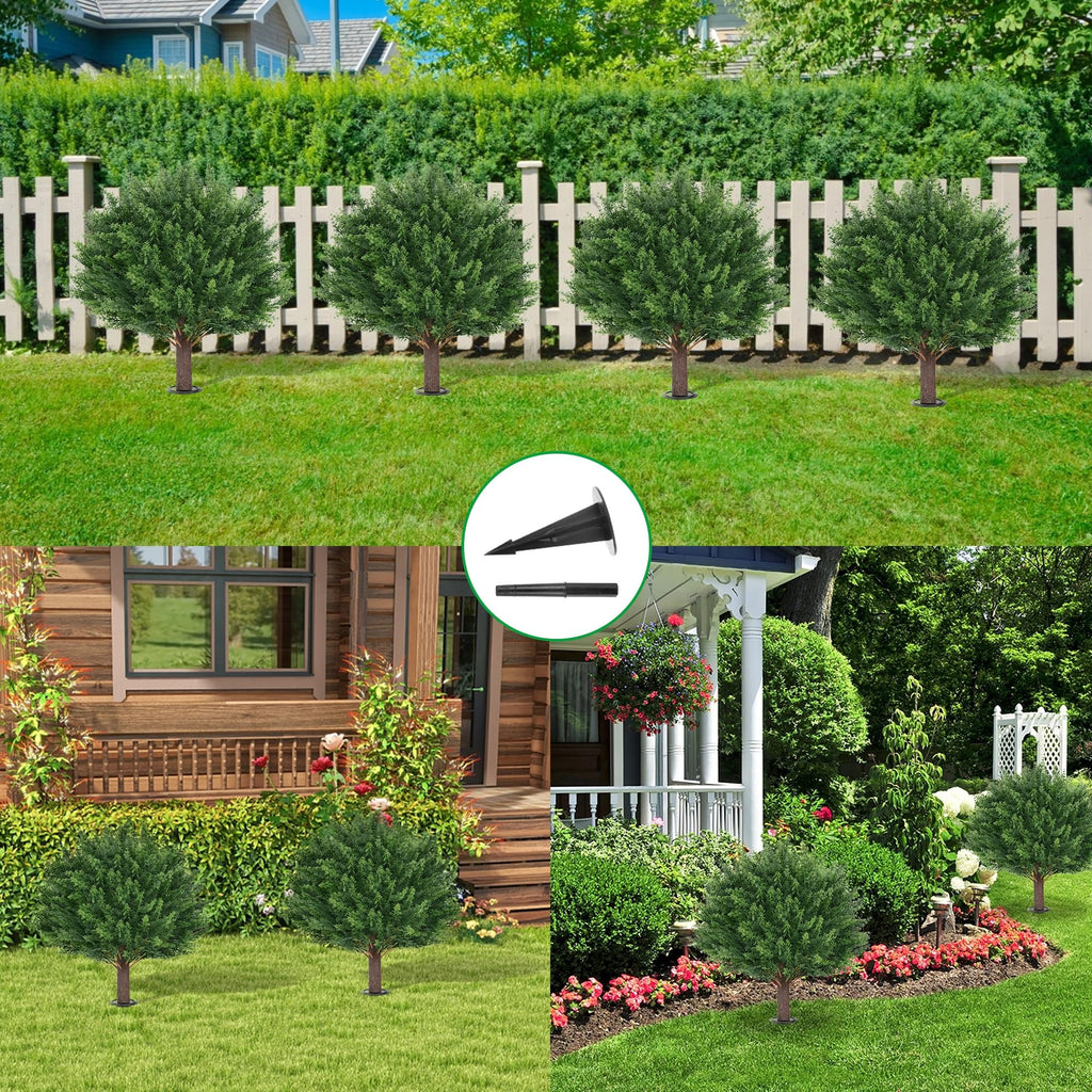 Two artificial cypress topiary trees shown in various outdoor settings with ground spikes