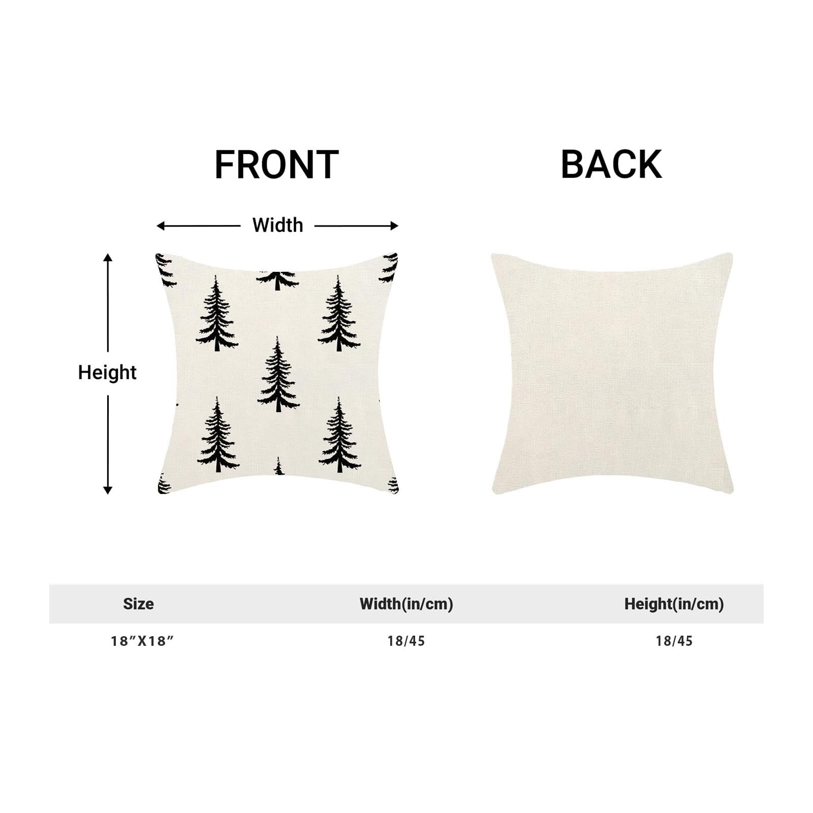 Front and back views of a cream pillow cover with black Christmas trees, with dimensions and size chart.