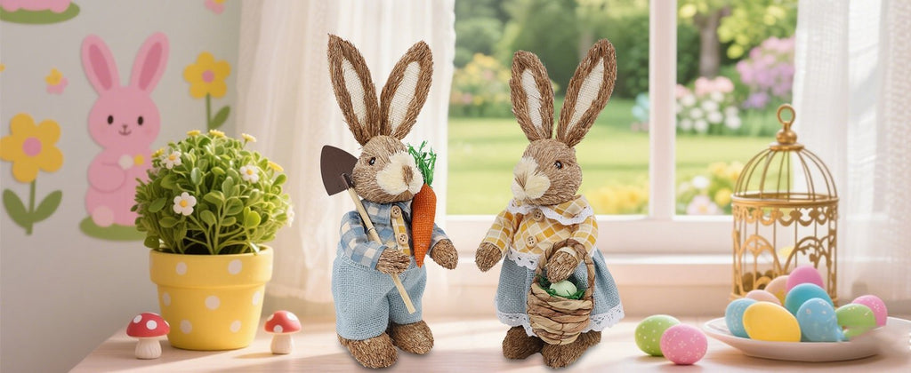 Two straw Easter bunny figurines, one holding a shovel and carrot, the other holding a basket with an egg.