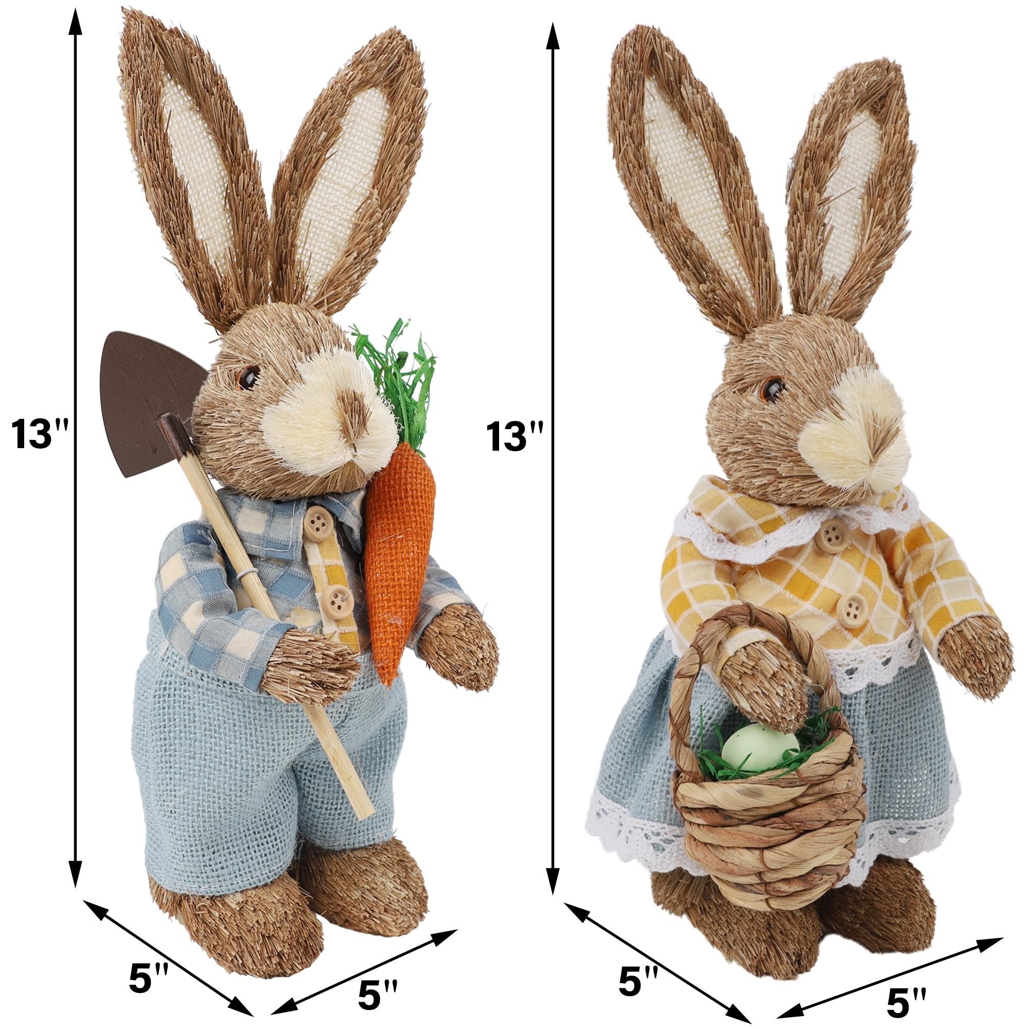 Two rustic straw and sisal Easter bunny figurines, one holding a shovel and carrot, the other holding a basket with an egg. Dimensions are indicated.