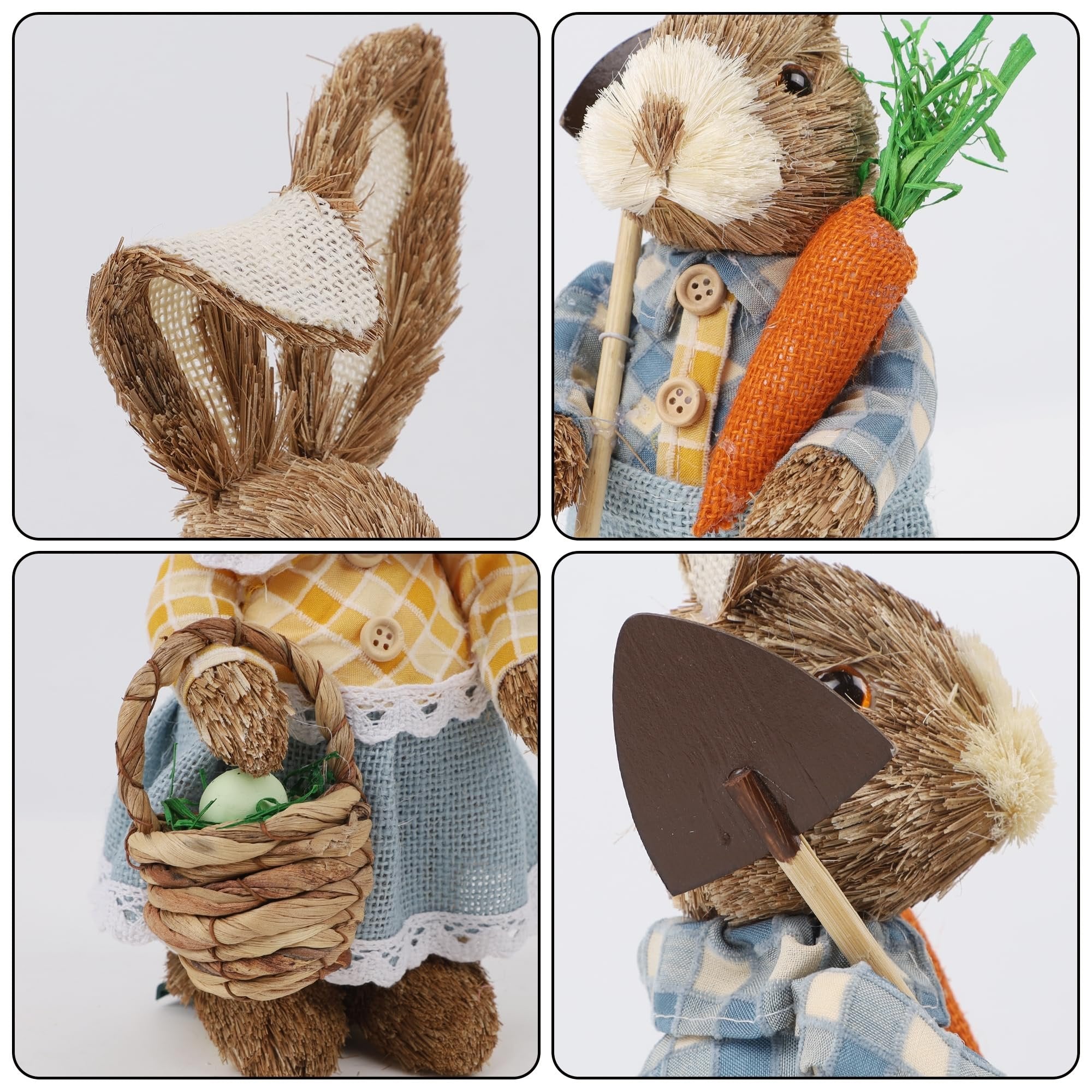 Close-up collage of two straw Easter bunny figurines, one holding a carrot and shovel, the other a basket with an egg.