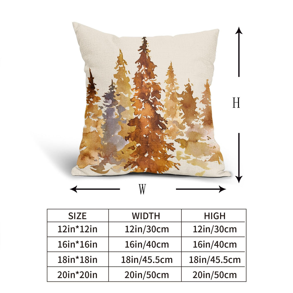 Watercolor forest trees pillow cover with size chart showing width and height dimensions.