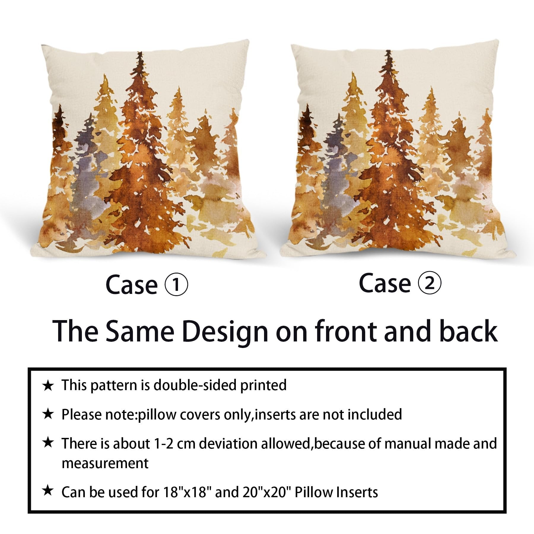 Two square pillow covers with a burnt orange watercolor forest design, displayed side-by-side.