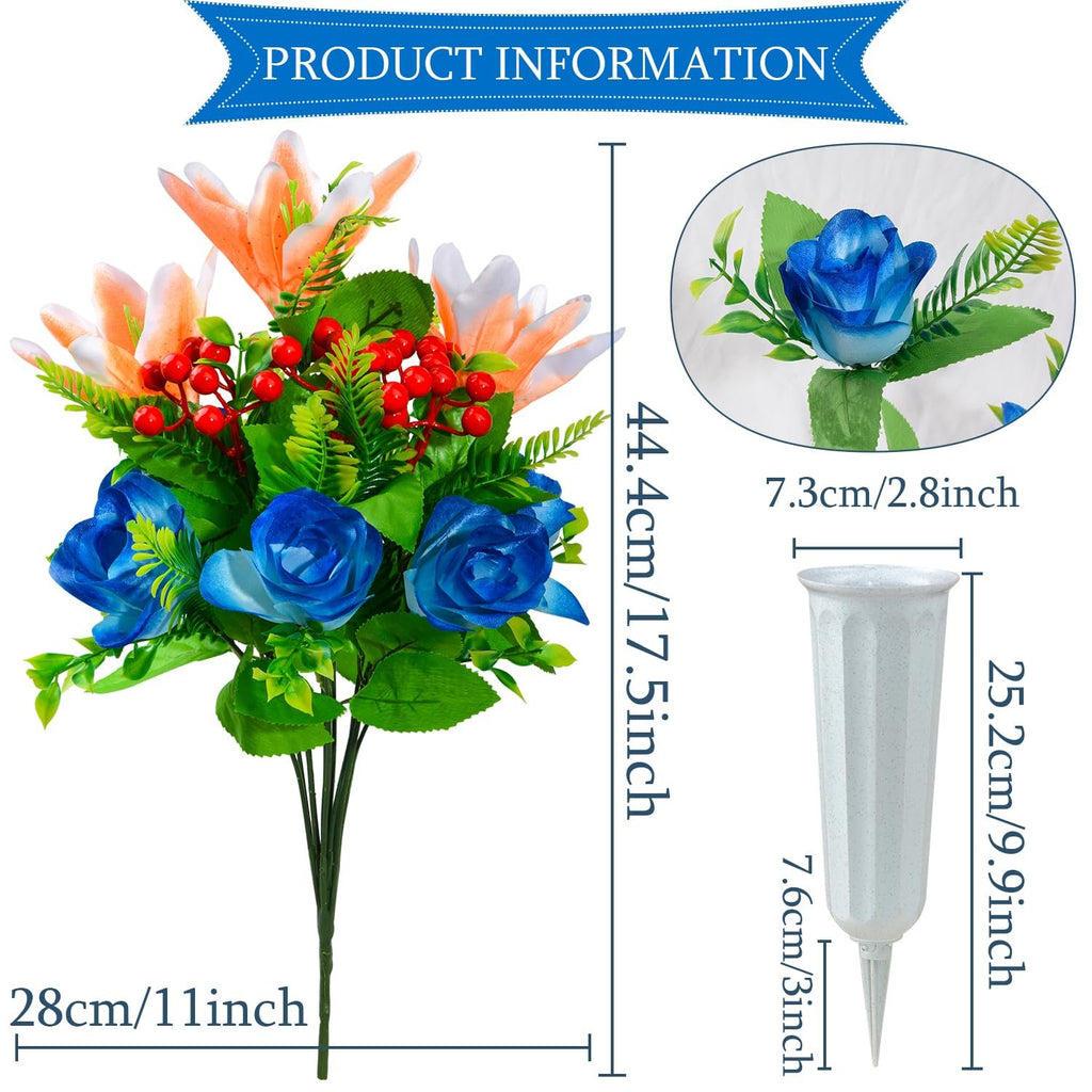 Artificial cemetery flower bouquet with lilies, roses, and berries, shown with vase and dimensions.