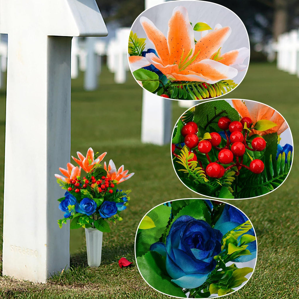 Artificial cemetery flower bouquet with orange lilies and blue roses in a vase next to a tombstone.