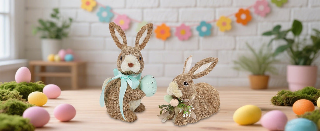Two sisal bunny figurines with Easter eggs and ribbon on a wooden surface, decorated for spring.