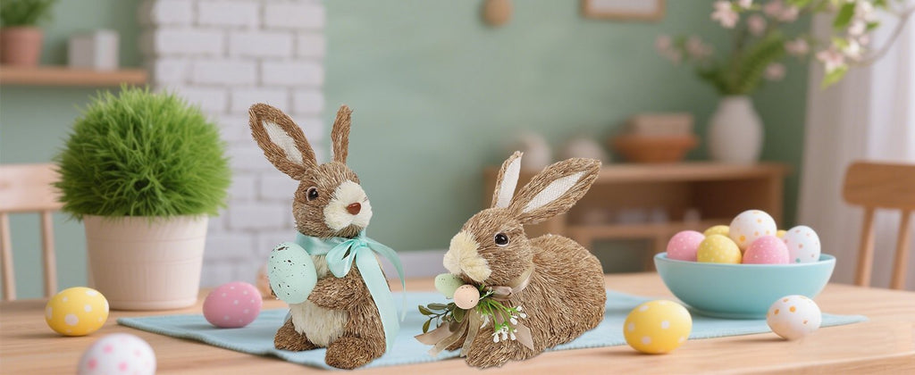 Two sisal bunny figurines holding Easter eggs on a table with a bowl of eggs and a potted plant.