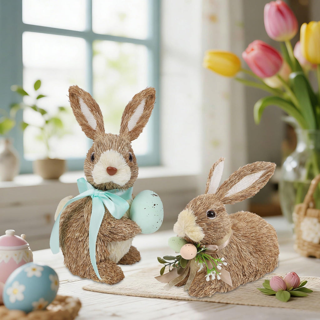 Two sisal bunny figurines with Easter eggs and ribbons on a table, with tulips in the background.