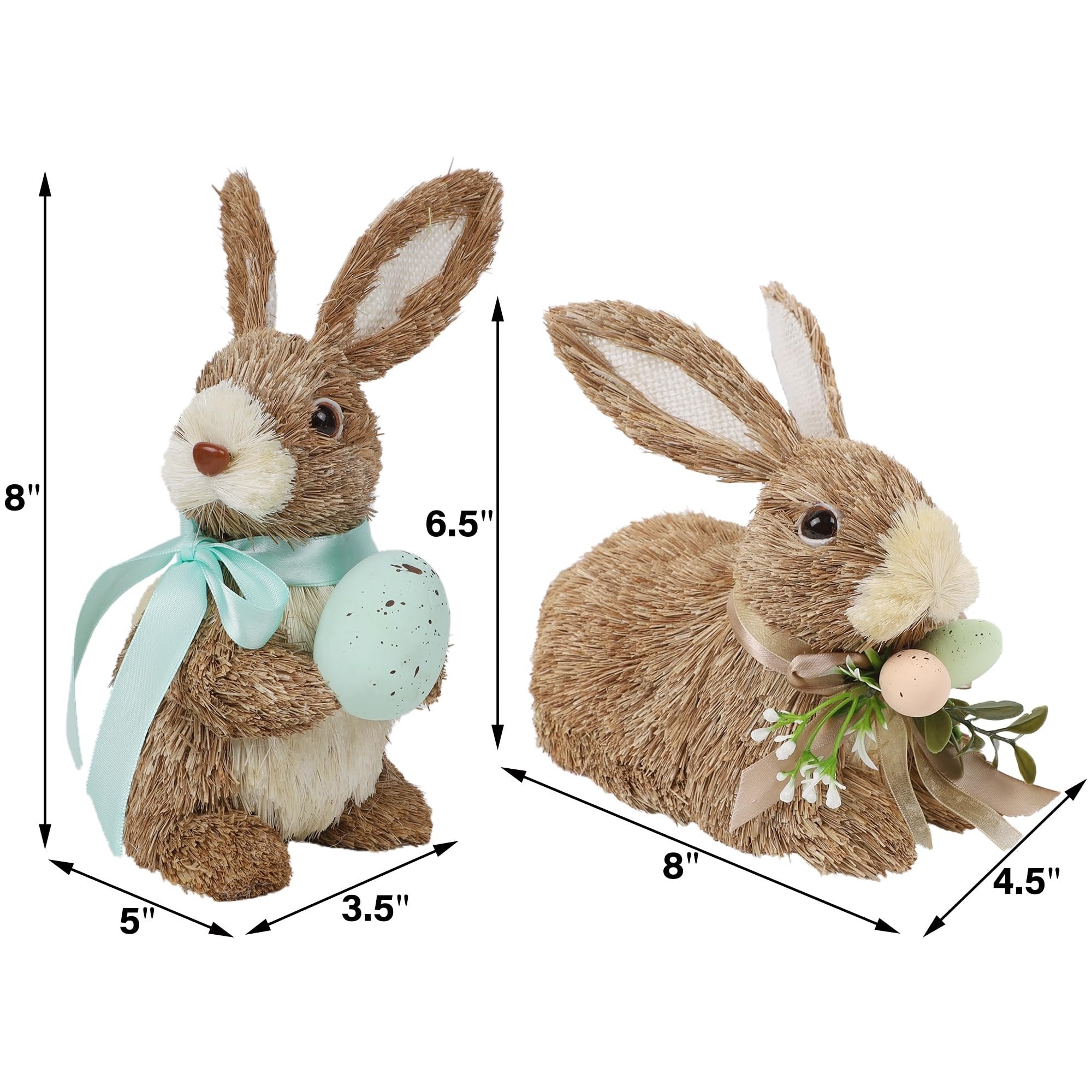 Two sisal bunny figurines with Easter eggs and ribbons, showing dimensions for height, width, and depth.