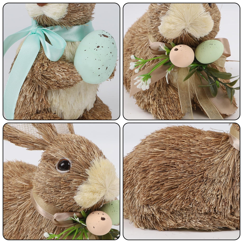 Close-up views of a sisal bunny figurine holding decorative Easter eggs and adorned with ribbons and faux greenery.