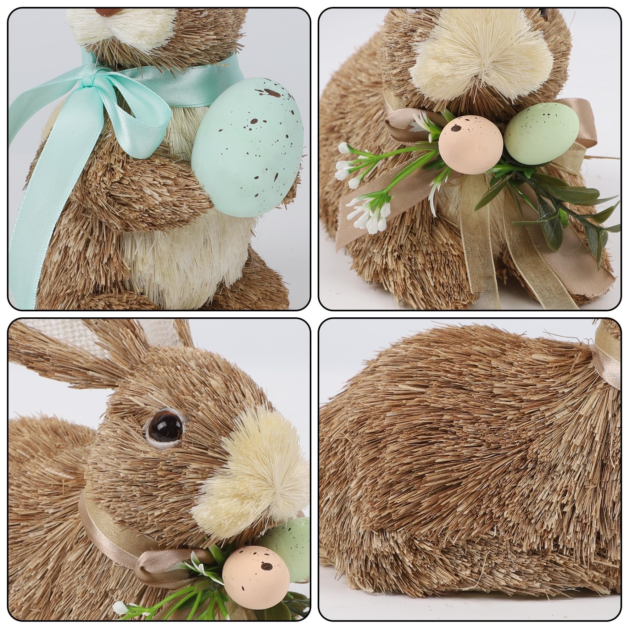 Close-up views of a sisal bunny figurine holding decorative Easter eggs and adorned with ribbons and faux greenery.