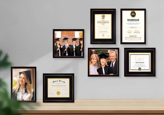 Collection of diploma frames on a wall, some with graduation photos, others with certificates.