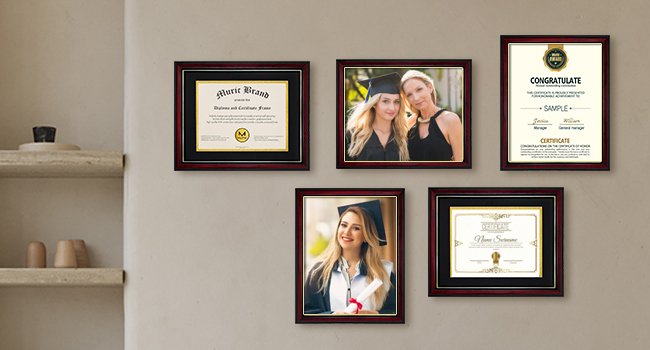 Five diploma frames with graduation photos and certificates displayed on a wall.