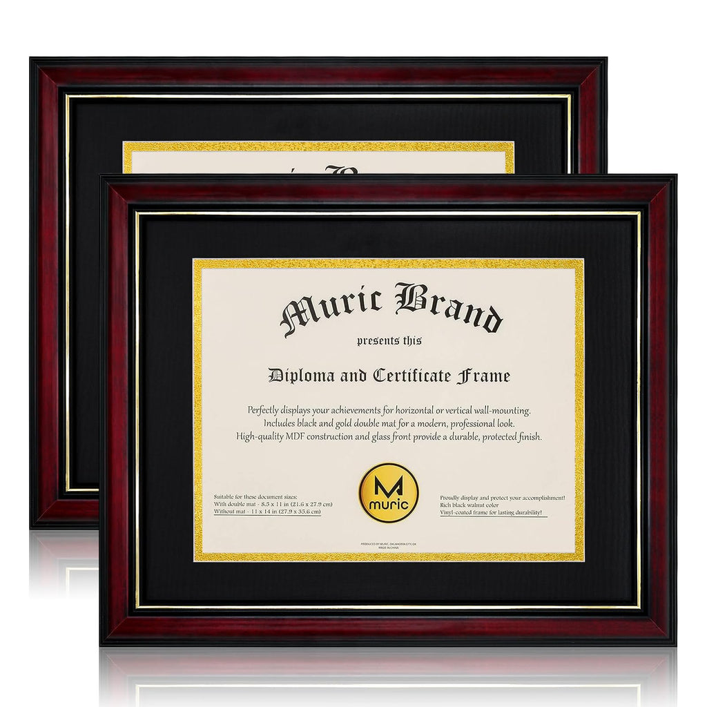 Two cherry red diploma frames with gold trim and black mats, one displaying a certificate.