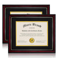 Two cherry red diploma frames with gold trim and black mats, one displaying a certificate.