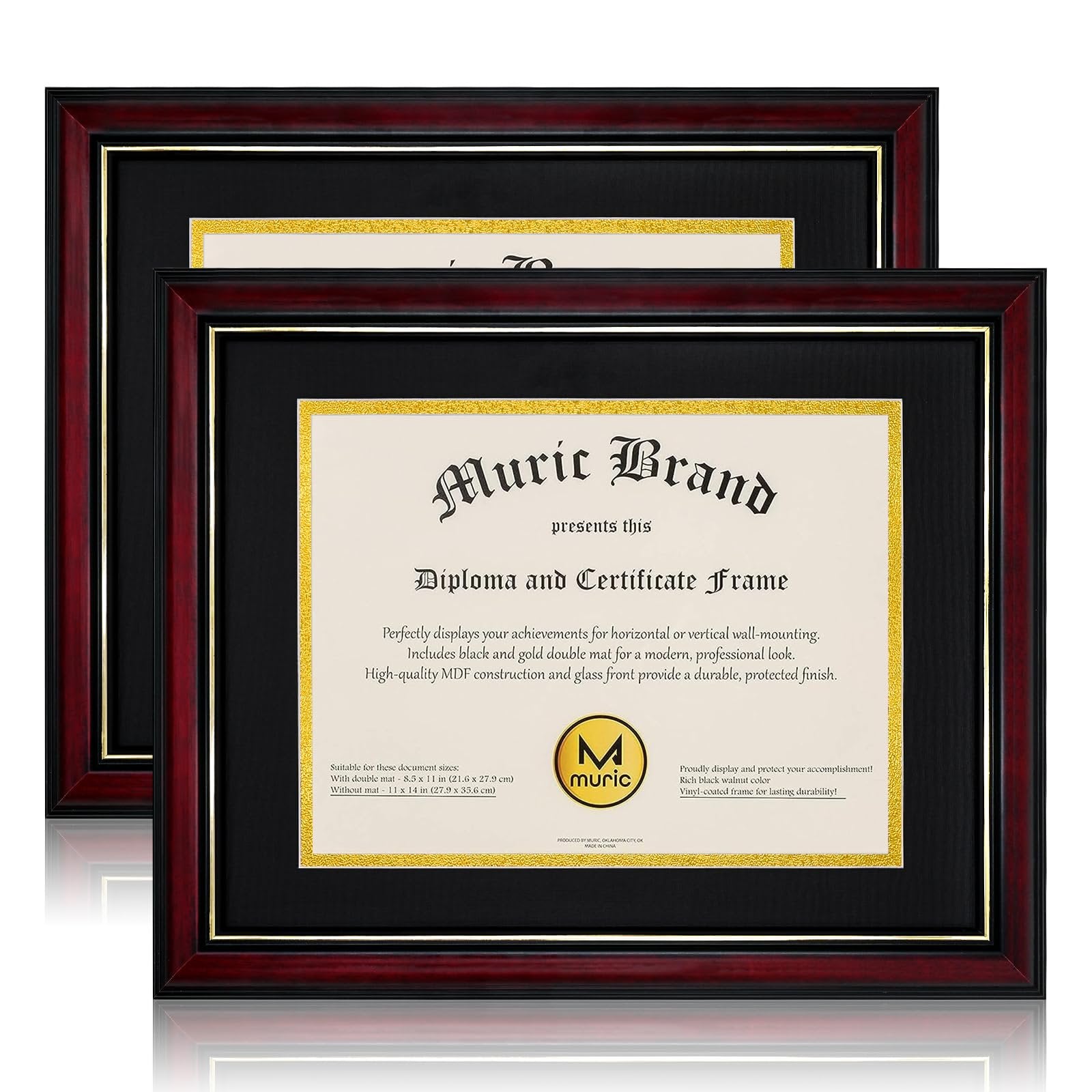 Two cherry red diploma frames with gold trim and black mats, one displaying a certificate.