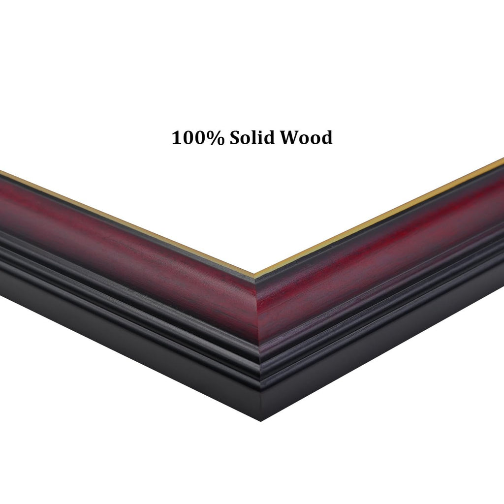 Close-up of a cherry red diploma frame with a gold edge and black outer trim, showing the corner detail against a white background.