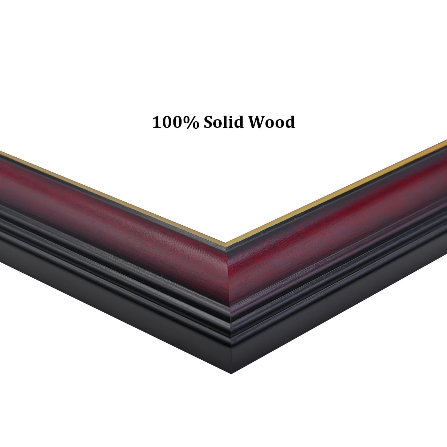 Close-up of a cherry red diploma frame with a gold edge and black outer trim, showing the corner detail against a white background.