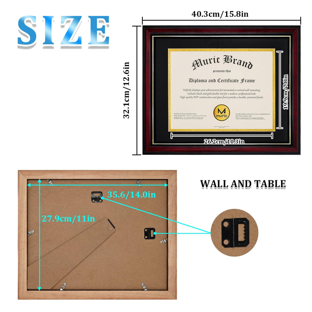 Diploma frame shown from front and back with dimensions and mounting hardware details.