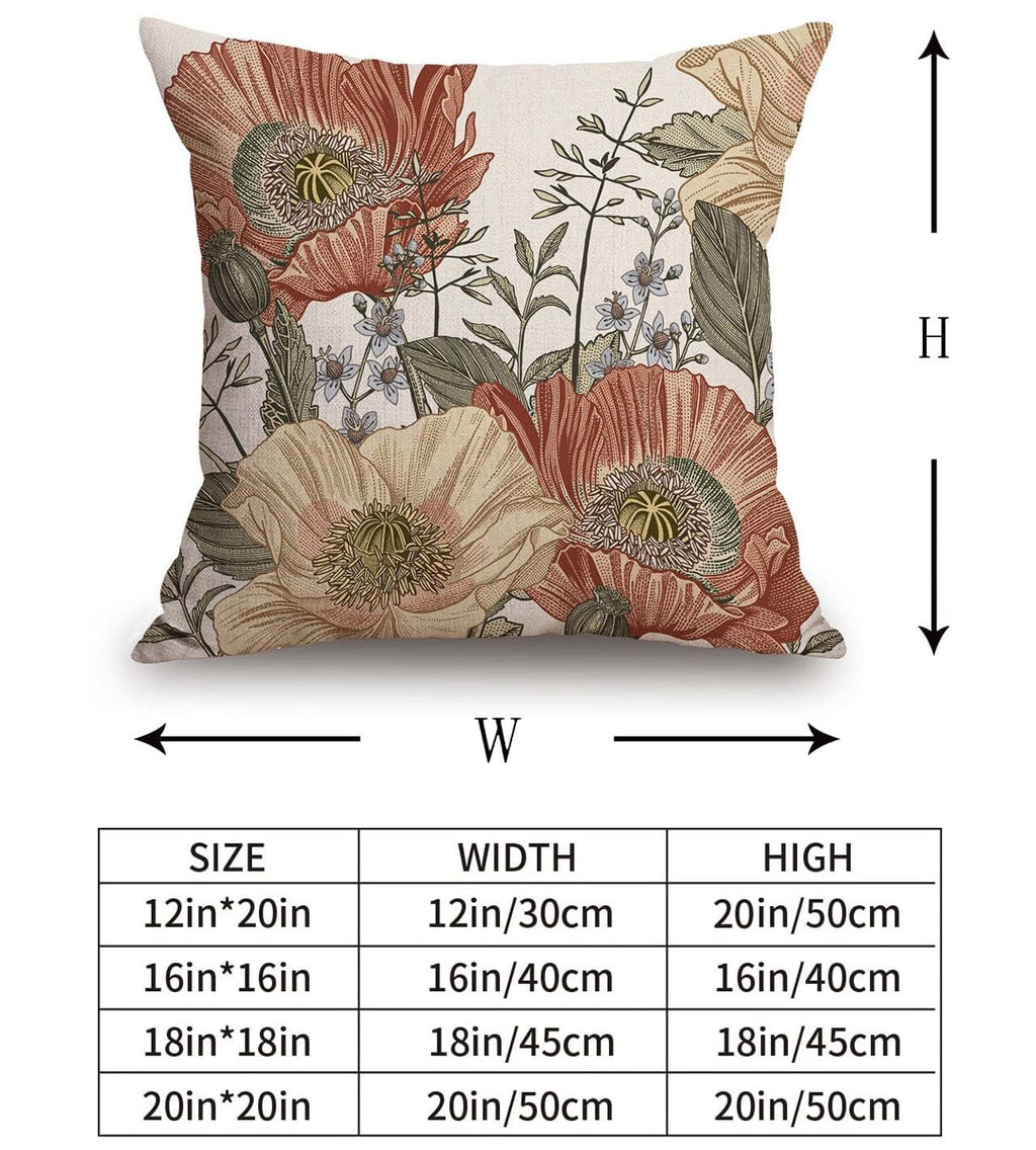 Vintage floral pillow cover with poppies and botanical elements, shown with size chart and dimension indicators W and H.