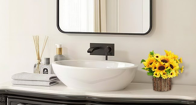 Two potted artificial sunflower arrangements on a bathroom counter next to a sink and mirror.