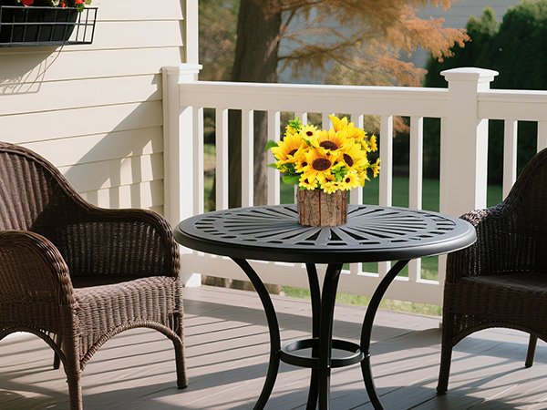 Two potted artificial sunflowers sit on an outdoor table between two wicker chairs on a deck.