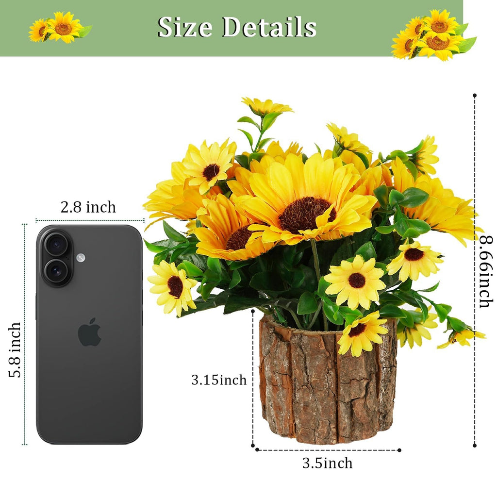 Artificial sunflower arrangement in a rustic pot shown next to a smartphone for size comparison, with dimensions labeled.