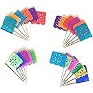 Four sets of mini papel picado tissue paper flag picks with flower designs, multi-color fiesta cupcake toppers.