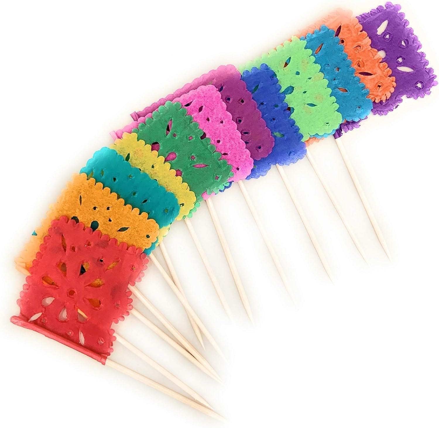 Set of 24 mini papel picado tissue paper flag picks in assorted bright colors, flower design, on white background.