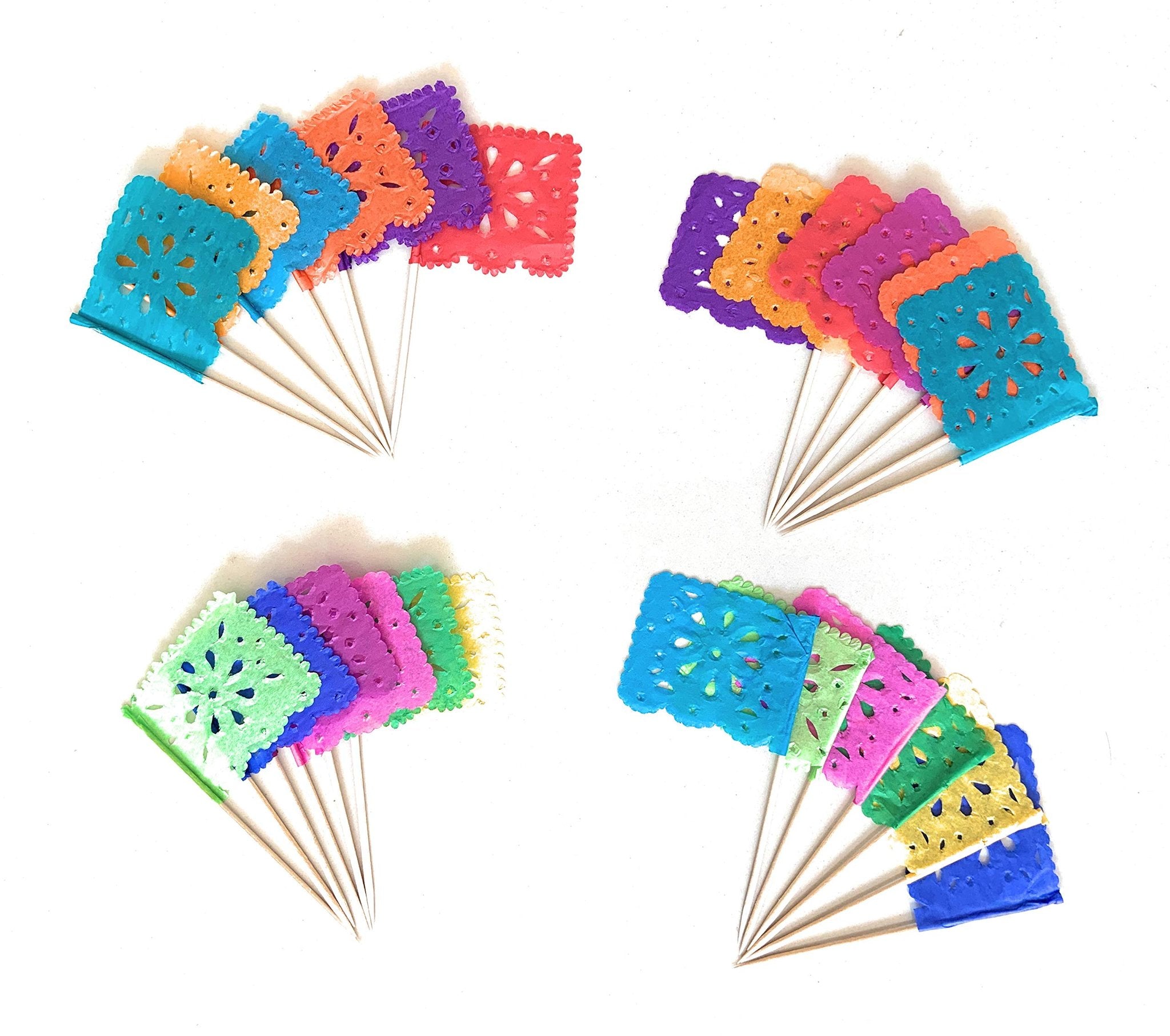 Set of 24 mini papel picado tissue paper flag picks in assorted bright colors, arranged in four fan-like clusters on a white background.