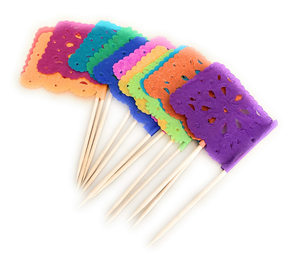Set of multi-color papel picado tissue paper flag picks with flower design on white background, fanned out.